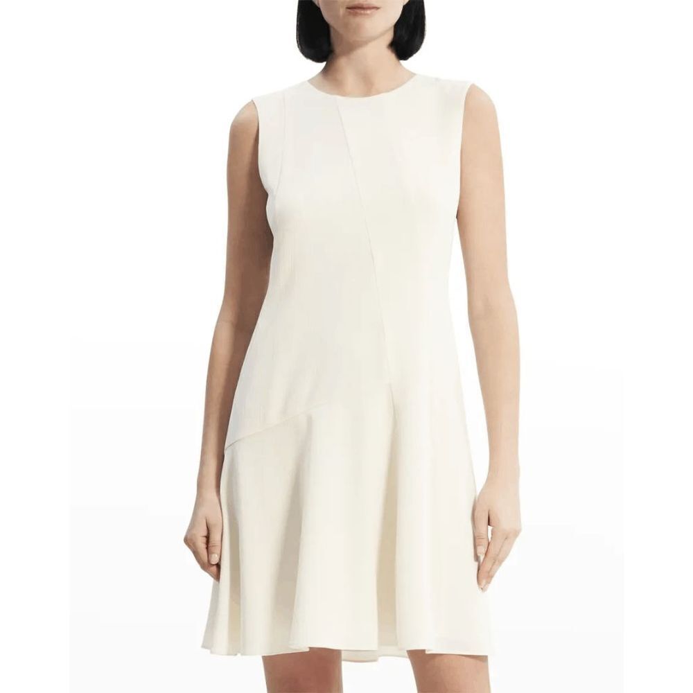 Theory Short Asymmetric-Seam Sleeveless Dress Round Neck White Cream Size 8